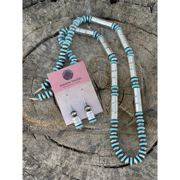 Navajo Sterling Silver Turquoise Handmade Beaded Necklace & Earrings Set - Picture 1 of 8